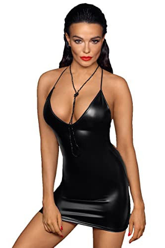 Noir Handmade Knappes Damen Dessous Wetlook Minikleid in schwarz