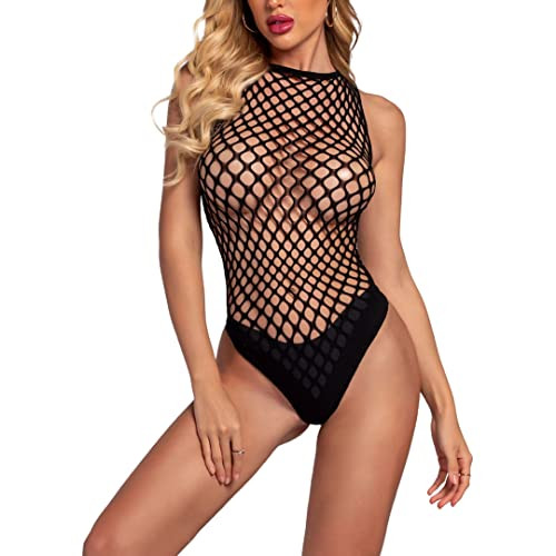 ROSVAJFY Damen Sexy Fischnetz Body Ärmellos, Transparenter Neckholder-Bodysuit
