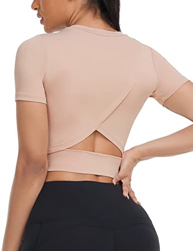 Aranmei Damen Workout Crop Top Kurzarm Yoga Gym Shirts