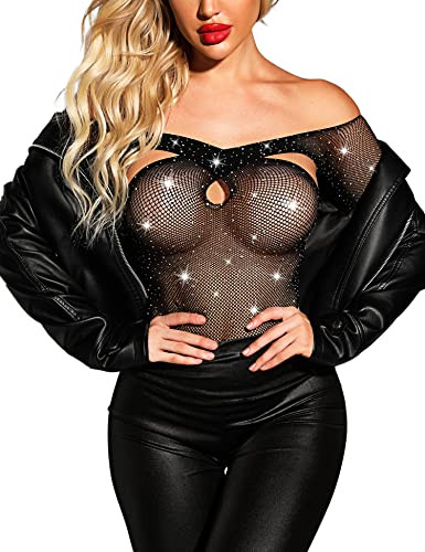 Aranmei Dessous für Frauen Fischnetz Body Glitzer Strass