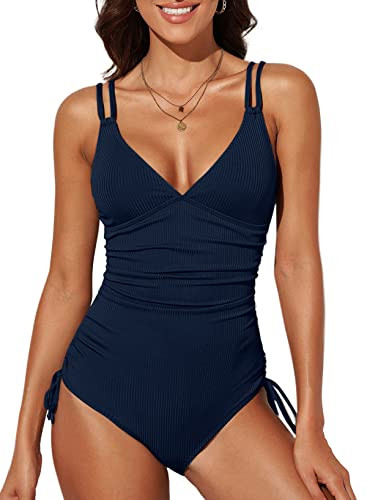 Dokotoo Damen Badeanzug Blau V-Ausschnitt