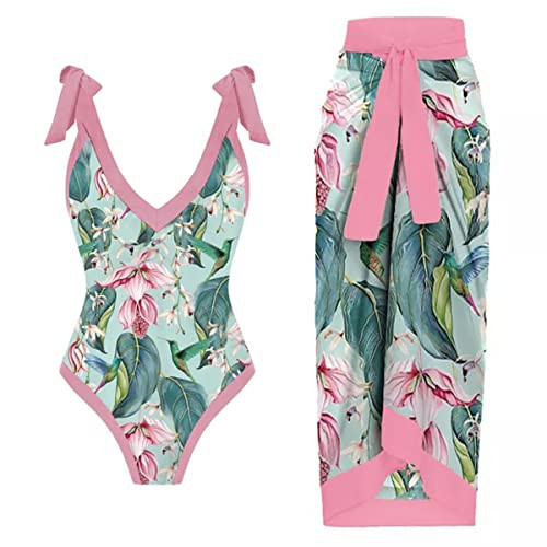 Damen Zweiteilig Badeanzug V-Ausschnitt Monokini Elegant Blumen