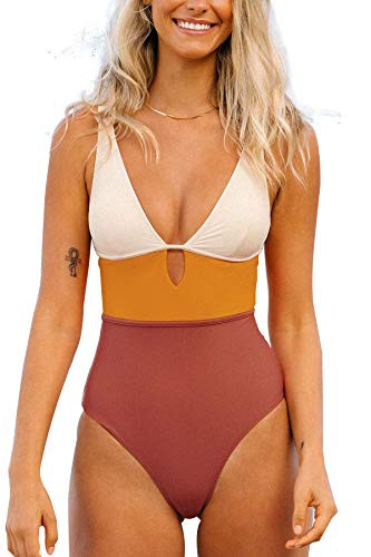 CUPSHE Damen Badeanzug Tiefer V Ausschnitt Monokini Colorblock
