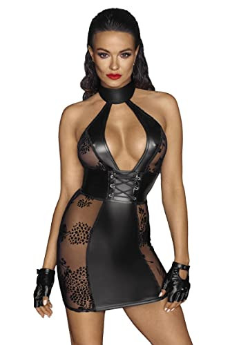 Verlockendes schwarzes Wetlook Minikleid mit Stickerei und Korsagenschnürung