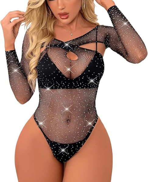 NewBull Damennetz mit gekreuzten Ärmeln und Diamant-Jumpsuit