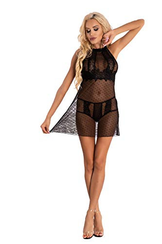 LivCo Corsetti Negligee schwarz mit Panty transparent gepunktet mit Spitze Nachthemd