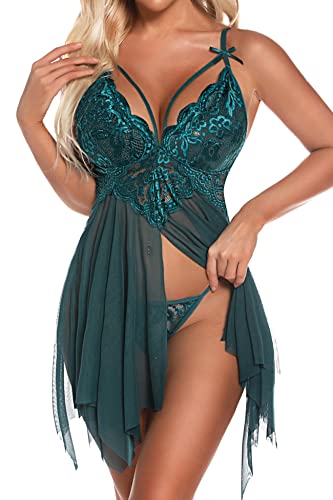 Aranmei Babydoll-Dessous für Frauen Sexy Dessous-Set Vorne offen Nachthemd V-Ausschnitt Babydoll mit Spitze G-String Nachtwäsche Nachthemd, Grün, S