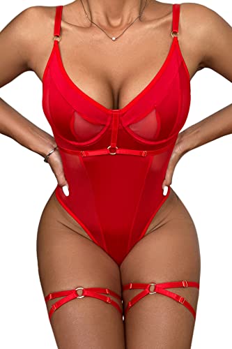 Aranmei Body für Frauen Bügel Sexy Top mit Druckknopf Schritt mit Beingurten und Tanga Bodysuit Dessous Set, Red, 36