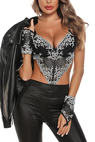 Aranmei Bodysuit für Damen, weiße Blumenspitze mit Handschuhen, Dessous, V-Ausschnitt, Teddy-Dessous-Set, Bodysuit, Babydoll-Unterwäsche, Schwarz , 36