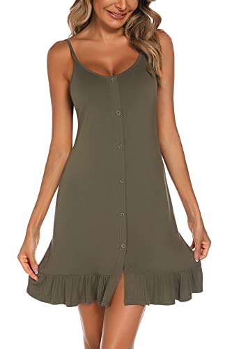 Aranmei Damen Nachthemden Baumwolle Camison Hosenträger Frau Sexy Ärmellos Nachthemd Offener Rücken mit Rüschen gerafft für Heimkleid Nachthemd Nachtwäsche, Armeegrün, XL