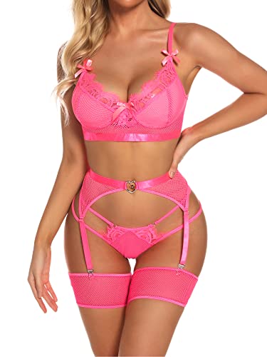 Aranmei Damen Sexy 4 Teiliges Dessous Set Fischnetz Strapsen Dessous Set mit Strumpfband Gürtel Spitzen BH und Höschen Set, Rose, XXL