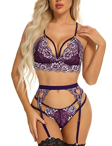 Aranmei Damen Sexy Dessous Set mit Strumpfhaltern 3 Stück Spitzen-BH und Panty Teddy Body Violett XXL