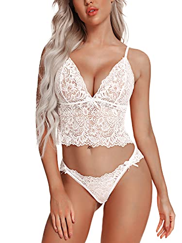 Aranmei Damen Sexy Dessous Set Spitze BH und Höschen Lang Bralette 2-teilig Unterwäsche, ohne Bügel, Weiß, XXL
