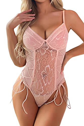 Aranmei Damen Sexy Schnürung Teddy Dessous Bodysuit Blumenstickerei Mesh durchscheinend Einteiler Cut Out, Pink, L