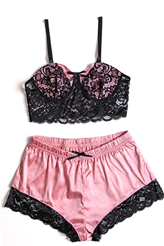 Aranmei Damen Sexy Seide Satin Pyjama Sets Spitzenbesatz Cami Tops Shorts Nachtwäsche, Pink, XXL Große Größen