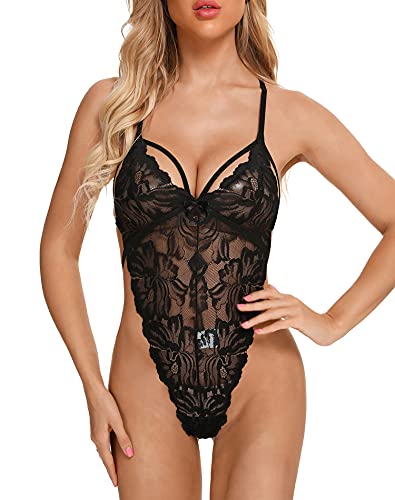 Aranmei Damen Sexy Spitze Teddy Bodysuit Einteilige Dessous V-Ausschnitt Nachtwäsche Mini Babydoll Schwarz Medium