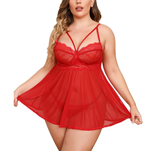 Aranmei Damen Spitze Negligee Übergröße Babydoll Dessous V-Ausschnitt Nachtwäsche Kleid Träger Chemise Nachthemd mit Höschen, Rot, 4XL