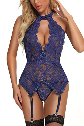 Aranmei Damen Strapsen Dessous Set mit Strümpfen Sexy Unterwäsche mit Strumpfband Gürtel Neckholder Dessous Spitze Babydoll, Ohne Strümpfe (Blau XX-Large)