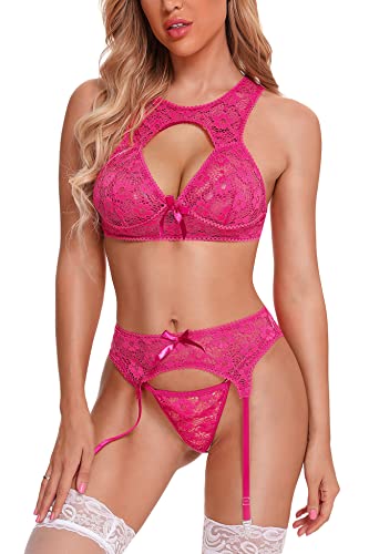 Aranmei Dessous Damen Sexy Unterwäsche Strapse Dessous Aushöhlen Sexy Lingerie Babydoll Dessous Spitzen BH, Panty, Strumpfhalter 3-teiliges Unterwäsche Set, Rosarot, M