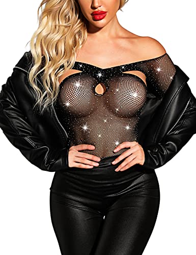 Aranmei Dessous für Frauen Fischnetz Body Glitzer Strass Sexy Mesh Teddy Babydoll, Schwarz, Einheitsgröße