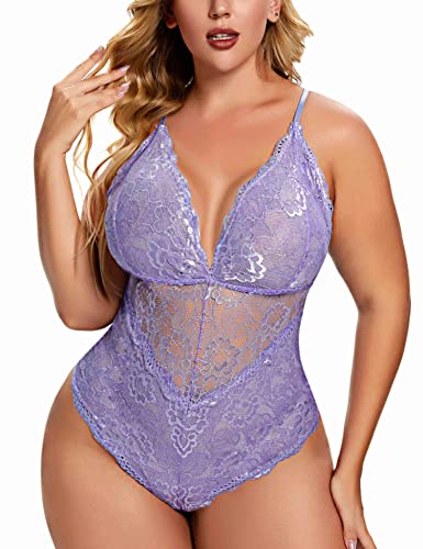 Aranmei Dessous in Übergröße für Damen, Schnappverschluss, Spitzen-Bodysuit, V-Ausschnitt, Teddy, Valentinstag, einteilig, sexy bauchfreies Top, Lavendel, 4XL