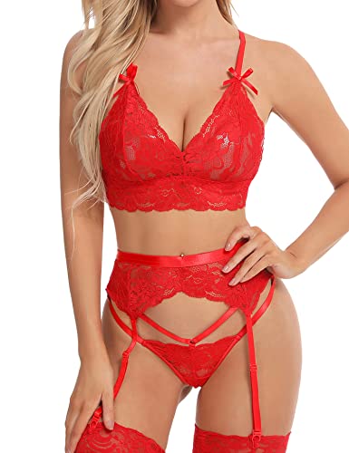 Aranmei Frauen Sexy Dessous Set mit Strumpfband Gürtel 3 Stück Spitze BH und Höschen für Frauen Frech Babydoll Bodysuit, rot, 38