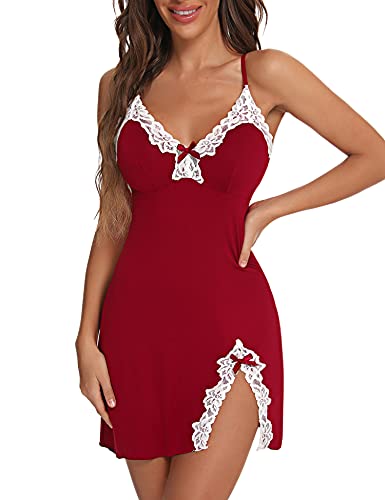 Aranmei Frauen Sexy Nachthemd Chemise Plus Größe Spitze Dessous Nachtwäsche V-Ausschnitt Full Slip Babydoll Nachthemd, weinrot, 36