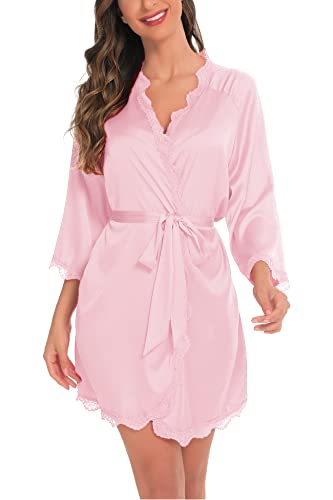 Aranmei Morgenmantel Damen Leicht Satin Kurz V-Ausschnitt 3/4 Ärmel Bademantel Braut/Brautjungfer Robe mit Gürtel Seide Kimono Nachtwäsche,Hellrosa,L