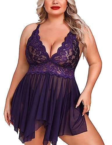 Aranmei Plus Size Lingerie for Women Open Front Babydoll Lingerie Strap Lace Chemise Sexy Nightwear, violett, XXL