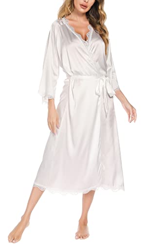 Aranmei Satin-Morgenmantel für Frauen, Spitzenbesatz, Kimono, langer Seidenmantel, Brautjungfer, Bademantel für Hochzeit, 3/4-Ärmel, leichtes Nachthemd, weiß, 36