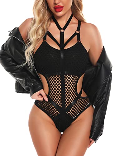 Aranmei Sexy Dessous für Frauen Mesh Bodysuit Einteiler Damen Badeanzug Durchsichtige Dessous, Schwarz , 36