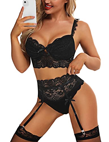 Aranmei Sexy Dessous-Set für Damen mit Strumpfband, Spitzen-BH und Höschen, 3-teiliges Dessous-Set für Valentinstag, Schwarz, Small