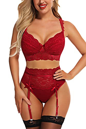 Aranmei Sexy Dessous-Set für Damen mit Strumpfband, Spitzen-BH und Höschen, 3-teiliges Dessous-Set für Valentinstag, Weinrot, X-Large