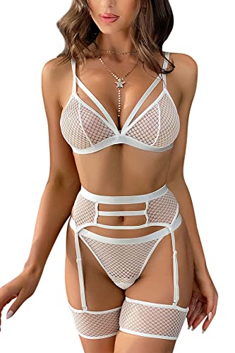 Aranmei Sexy Dessous Set für Frauen 4-Teiliges Dessous mit Strumpfgürtel und Straps Träger Mesh BH und Höschen Sets Hohe Taille Spitze Unterwäsche Babydoll Teddy Dessous Set, Weiß, M