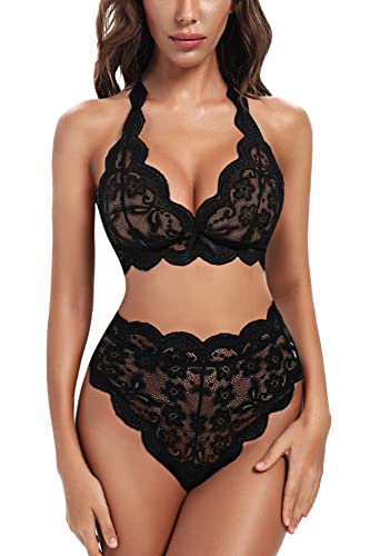 Aranmei Sexy Dessous Set für Frauen Neckholder V-Ausschnitt Spitze BH und Hohe Taille Höschen Zweiteiliges Dessous Babydoll Unterwäsche Set, Schwarz , XXL/Etikett XL