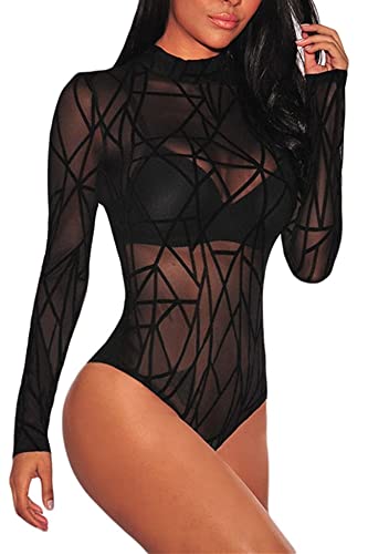 Aranmei Sexy schiere gestreifte Langarm Bodysuit mit Blumenspitze für Damen Mittel Schwarz