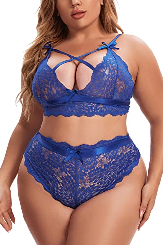 Aranmei Übergröße Dessous-Set für Frauen Hohe Taille BH und Panty Set Sexy Criss-Cross Spitze Bralette Sets 2 Stück Unterwäsche, königsblau, 4X-Large