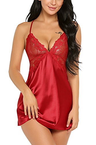 Avidlove Damen Dessous V-Ausschnitt Nachtwäsche Satin Nachtwäsche Spitze Chemise Mini Teddy (4XL, A-rot)