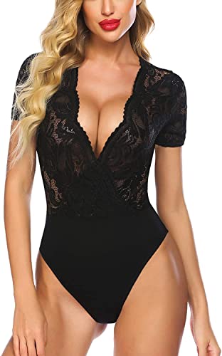 Avidlove Damen Lace Body Sexy Kurzarm Bodysuit Bluse Tops