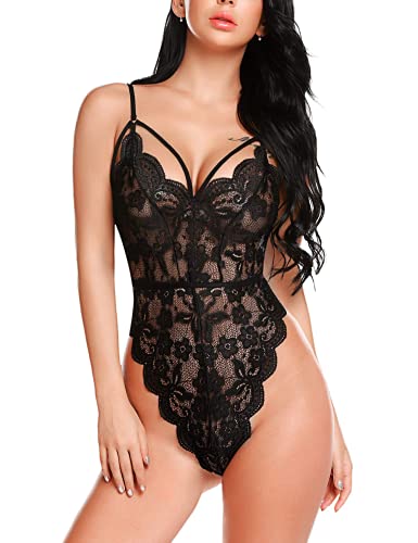 Avidlove Damen Spitze Dessous One Piece Teddy Lingerie Rückenfrei Nachtwäsche (Schwarz, Large)