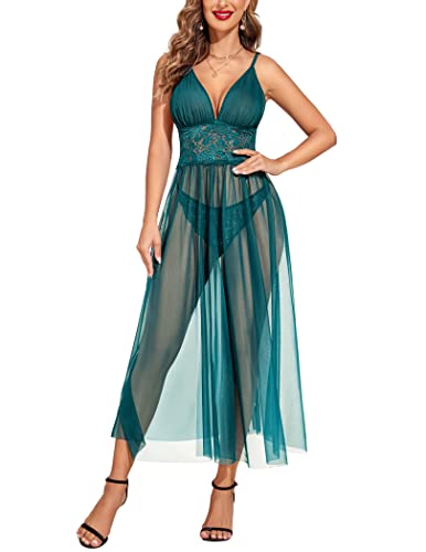 Avidlove Dessous für Damen Babydoll Chemise Sexy Mesh Maxi Nachthemd Riemchen Exotische Nachtwäsche Seitenschlitze Blau-Grün M