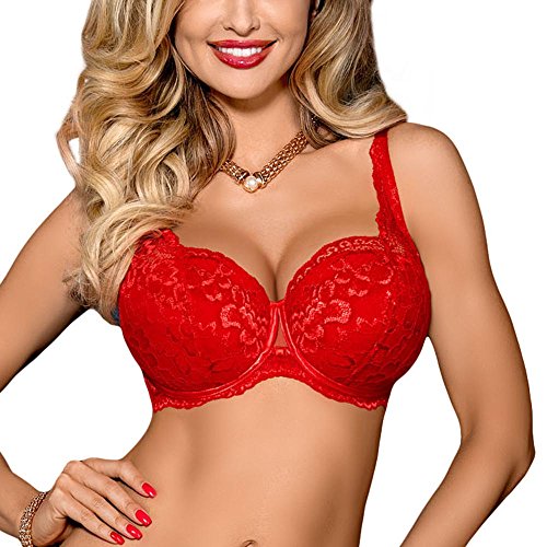 Axami Bra V-7591 Maisa Spitze Damen BH Damen – BH Push up Damen-BHS – Herausnehmbare Einlegesohlen Push up BH Rot 75F