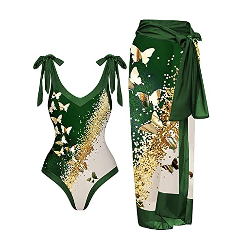Badeanzug Damen Bauchweg Sexy V Ausschnitt Blume Druck Monokini Tankini Swimsuit Bademode + Wickelrock Pareo Sarong Tuch Zweiteiler Badekleid Schwimmanzug Sommer Strandkleid Strandmode Grün-18 XL