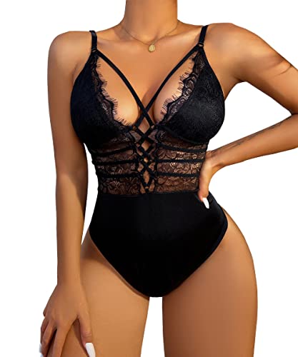 Buitifo Damen Sexy Body Ein Stück Babydoll Dessous Spitze Teddy Negligee(Black,L)