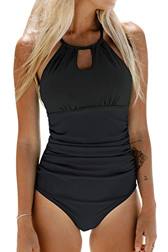 CUPSHE Damen Badeanzug High Neck Bademode Raffung Bauchweg Cut Out Einteilige Strandmode Swimsuit Schwarz S