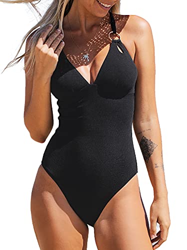 CUPSHE Damen Badeanzug mit Ringen Triangel Cutout Monokini Crossback Tiefer Rückenausschnitt Einteilige Bademode Swimsuit Schwarz L