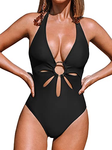 CUPSHE Damen Badeanzug Neckholder Zierausschnitten Ringen Einteilige Bademode Swimsuit Schwarz M