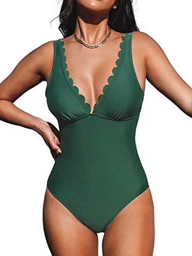 CUPSHE Damen Badeanzug V Ausschnitt Wellenkanten Raffungen Figurformend Einteilige Bademode Swimsuit Grün L