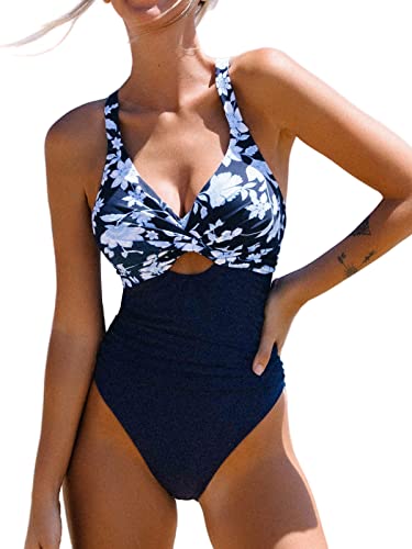 CUPSHE Damen Badeanzug Wickel V Ausschnitt Bauchweg Monokini Raffungen Zierausschnitten Einteilige Bademode Swimsuit Marineblau L