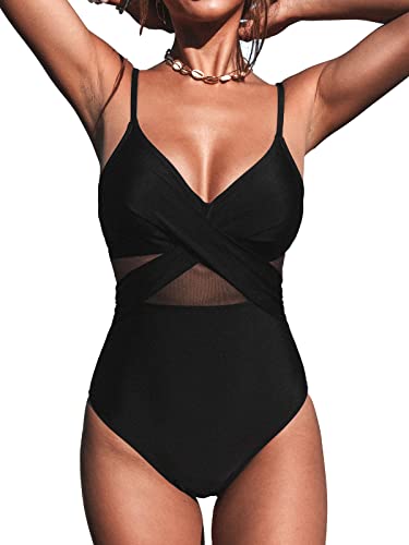 CUPSHE Damen Badeanzug Wickeloptik Sheer Mesh Monokini V Ausschnitt Figurformend Einteilige Bademode Swimsuit Schwarz XL